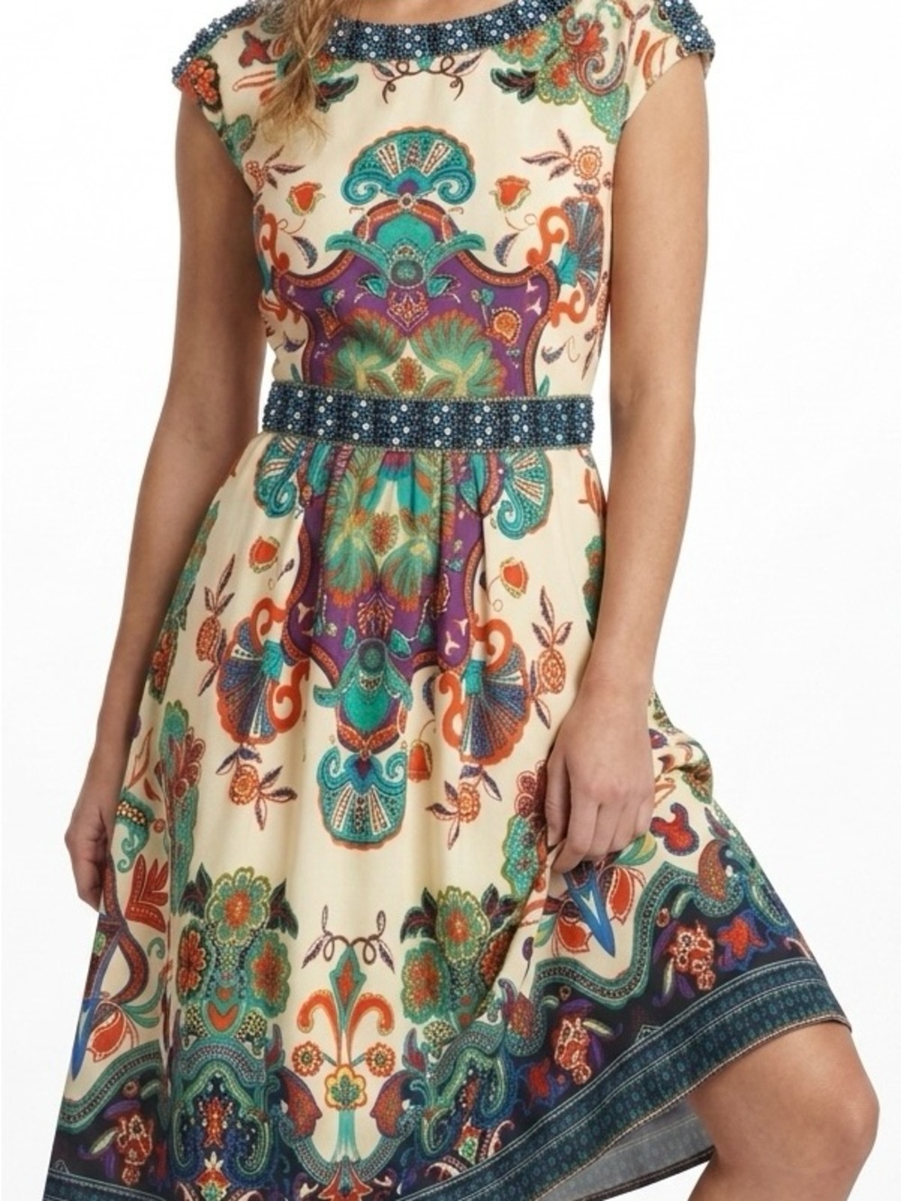 iCE New York Beaded Jewel Neck Flare Dress - Size 8 - Vibrant Boho Chic Print
